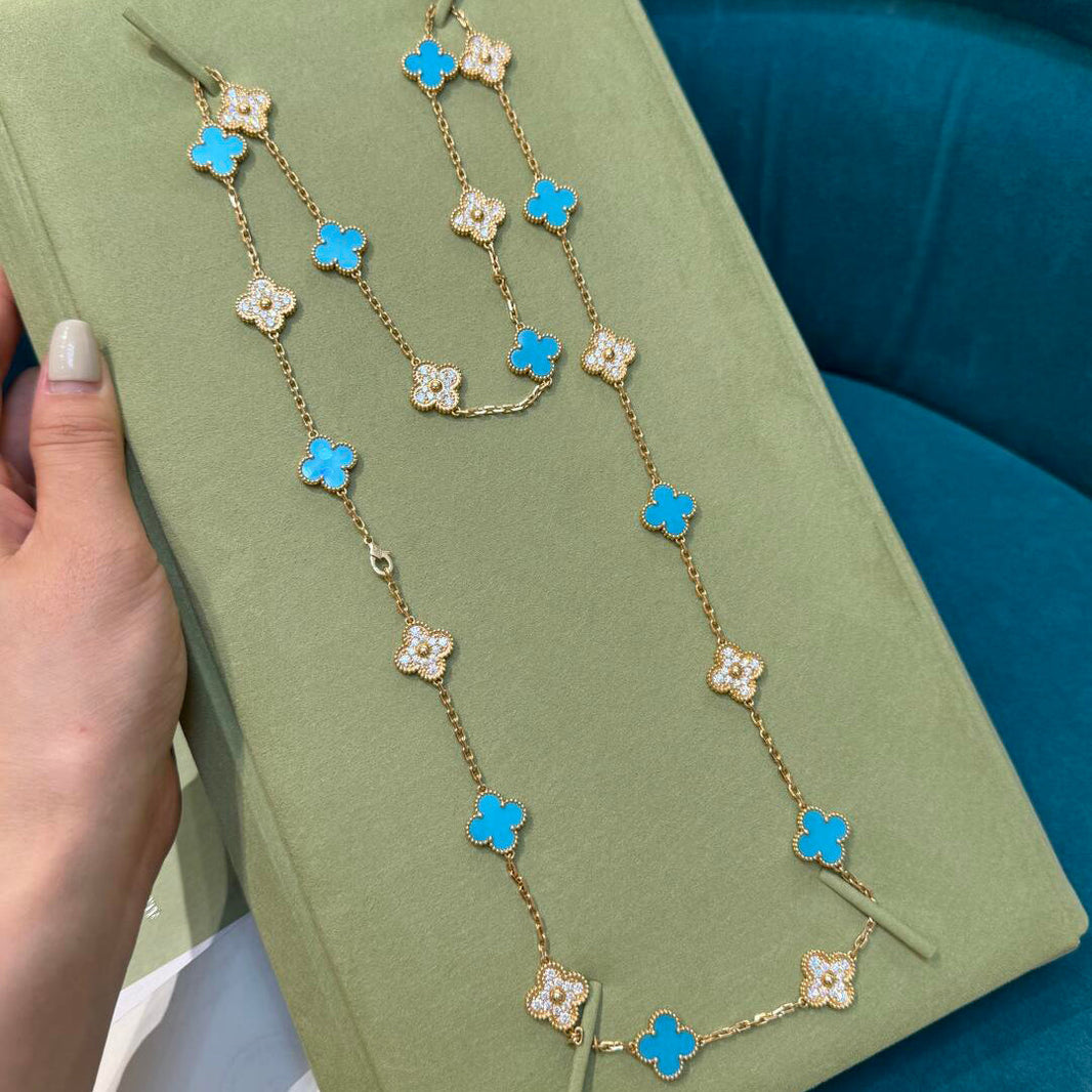 [LUCKY LOVE]CLOVER 20 MOTIFS TURQUOISE DIAMOND NECKLACE
