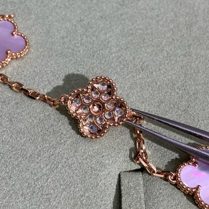 [LUCKY LOVE]CLOVER 10 MOTIFS DIAMOND PINK MOP NECKLACE