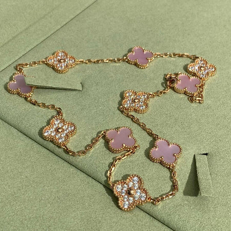 [LUCKY LOVE]CLOVER 10 MOTIFS DIAMOND PINK MOP NECKLACE