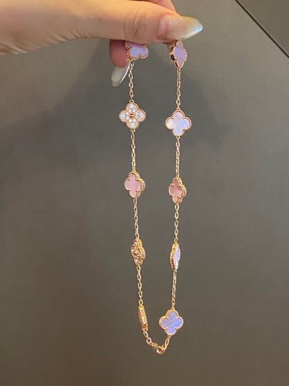 [LUCKY LOVE]CLOVER 10 MOTIFS DIAMOND PINK MOP NECKLACE