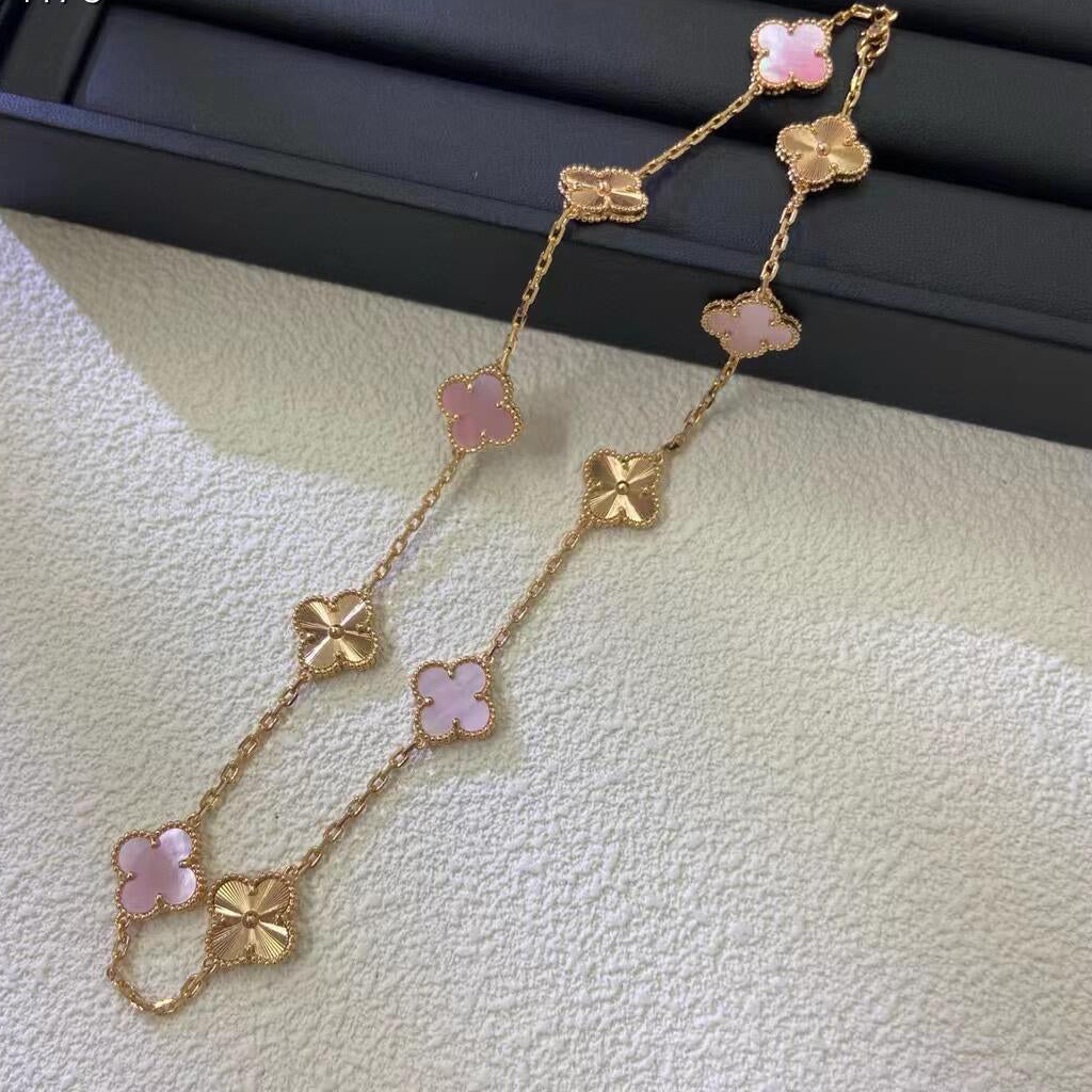 [LUCKY LOVE]CLOVER 10 MOTIFS  LASER PINK MOP NECKLACE