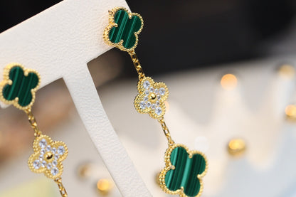 [LUCKY LOVE]CLOVER EARRINGS GOLD MALACHITE DIAMOND 3 MOTIF