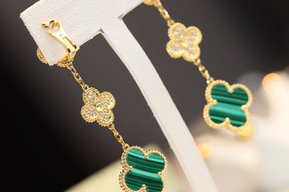 [LUCKY LOVE]CLOVER EARRINGS GOLD MALACHITE DIAMOND 3 MOTIF