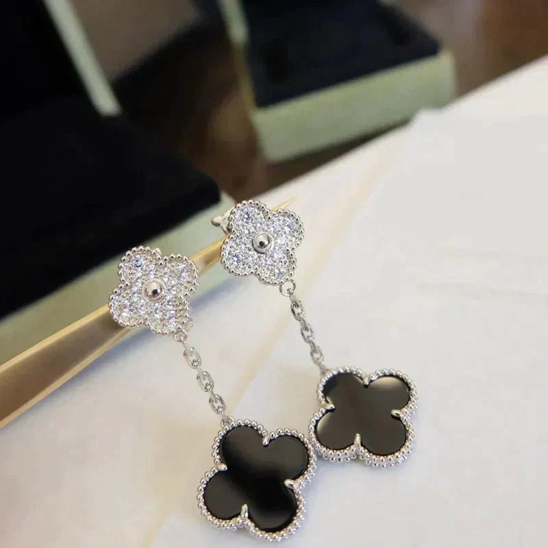 [LUCKY LOVE]CLOVER 2 MOTIFS  DIAMOND ONYX EARRINGS SILVER