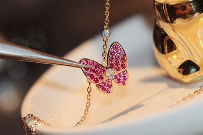 [LUCKY LOVE]BUTTERFLY RED DIAMOND ROSE GOLD NECKLACE