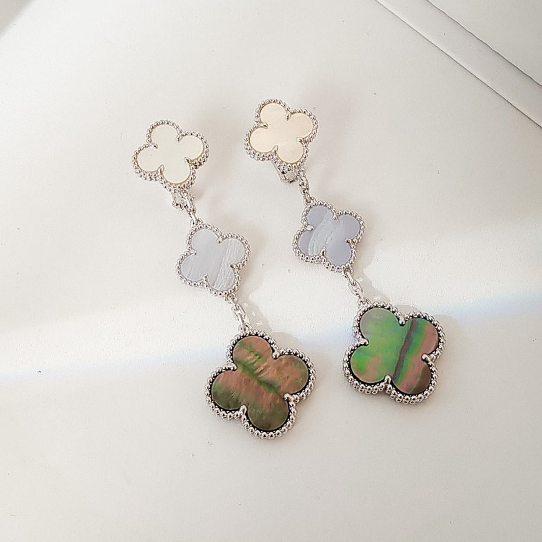 [LUCKY LOVE]CLOVER 3 MOTIFS CHALCEDONY DARK MOP SILVER EARRINGS