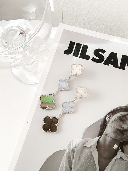 [LUCKY LOVE]CLOVER 3 MOTIFS CHALCEDONY DARK MOP SILVER EARRINGS