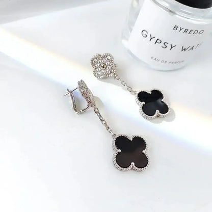[LUCKY LOVE]CLOVER 2 MOTIFS  DIAMOND ONYX EARRINGS SILVER