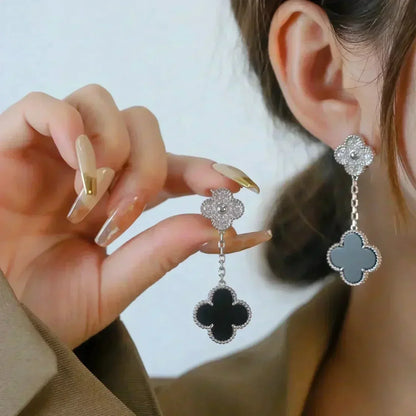 [LUCKY LOVE]CLOVER 2 MOTIFS  DIAMOND ONYX EARRINGS SILVER