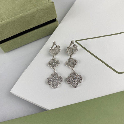 [LUCKY LOVE]CLOVER 3 MOTIF DIAMOND SILVER DROP EARRINGS