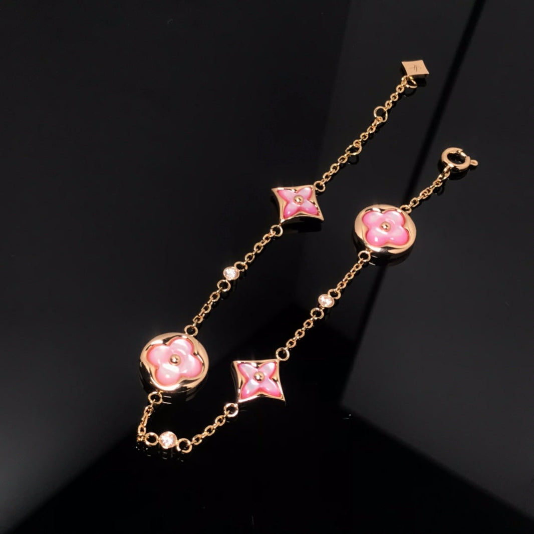 [LUCKY LOVE]STAR AND SUN 4 MOTIF PINK MOP PINK GOLD BRACELET