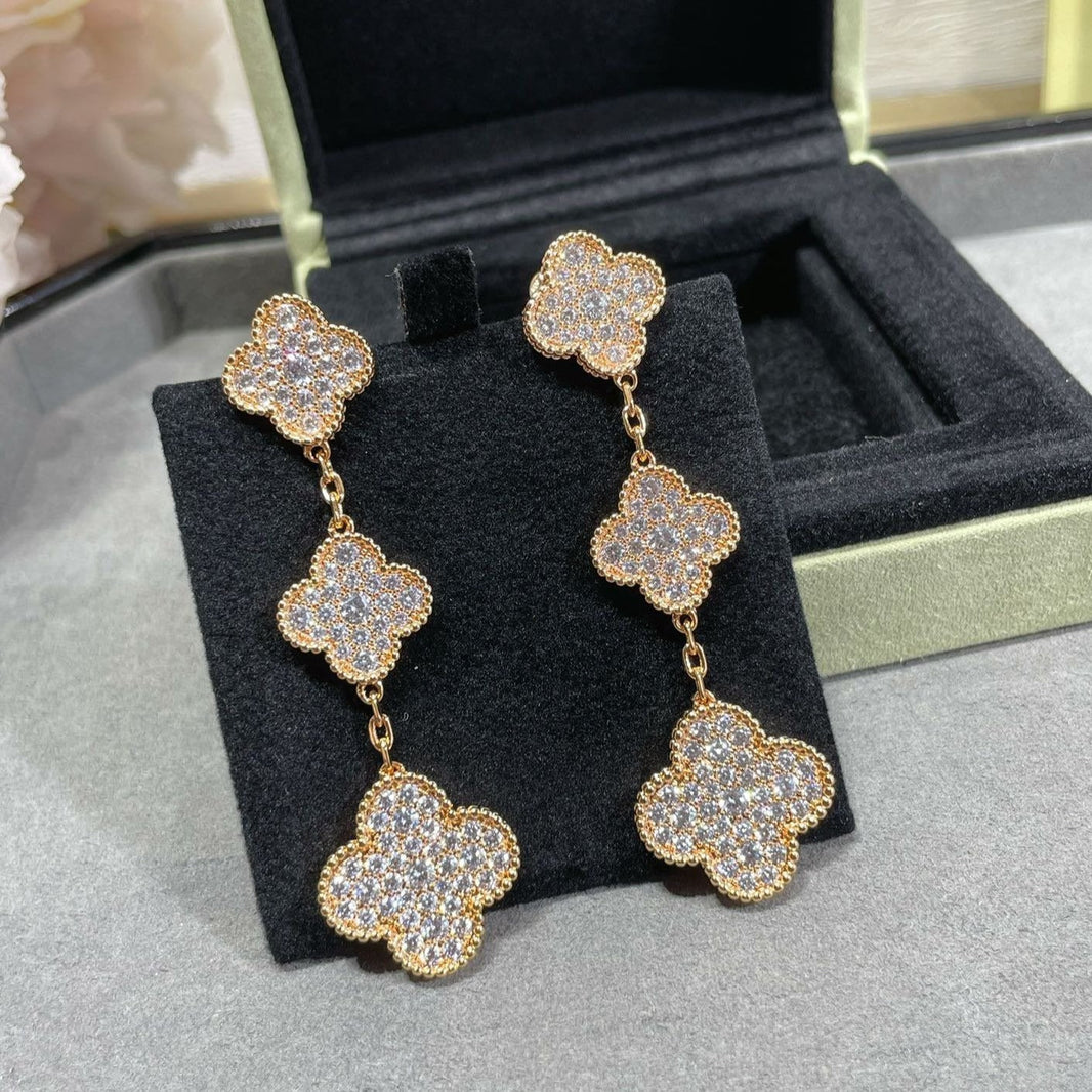 [LUCKY LOVE]CLOVER 3 MOTIFS DIAMOND PAVED ROSE GOLD EARRINGS