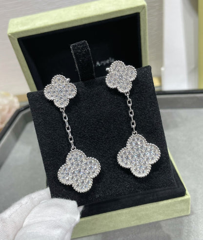 [LUCKY LOVE]CLOVER 2 MOTIFS DIAMOND PAVED SILVER EARRINGS