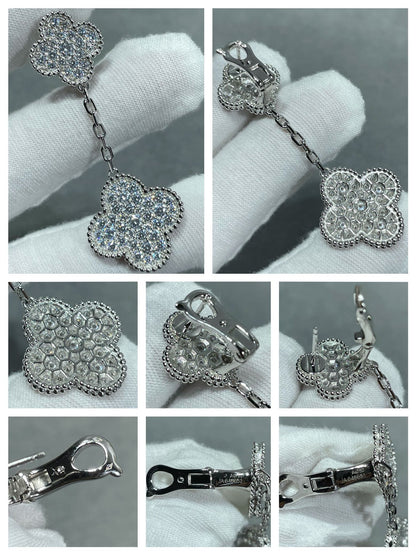 [LUCKY LOVE]CLOVER 2 MOTIFS DIAMOND PAVED SILVER EARRINGS