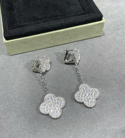 [LUCKY LOVE]CLOVER 2 MOTIFS DIAMOND PAVED SILVER EARRINGS