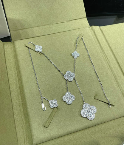 [LUCKY LOVE]CLOVER 6 MOTIF DIAMOND PAVED NECKLACE