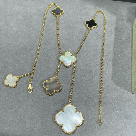 [LUCKY LOVE]CLOVER 6 MOTIF MOP ONYX GOLD NECKLACE