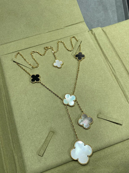 [LUCKY LOVE]CLOVER 6 MOTIF MOP ONYX GOLD NECKLACE