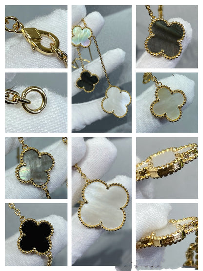 [LUCKY LOVE]CLOVER 6 MOTIF MOP ONYX GOLD NECKLACE
