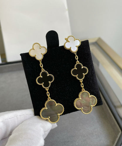 [LUCKY LOVE]CLOVER 3 MOTIF MOP ONYX DARK MOP PINK GOLD EARRINGS