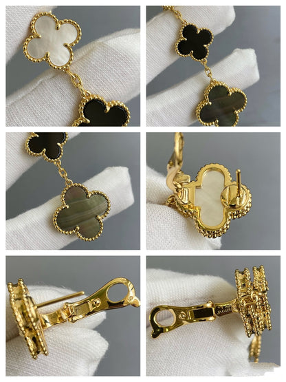 [LUCKY LOVE]CLOVER 3 MOTIF MOP ONYX DARK MOP PINK GOLD EARRINGS