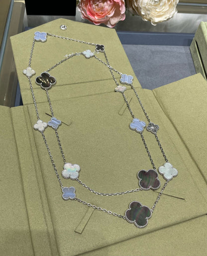 [LUCKY LOVE]CLOVER 16 MOTIF CHALCEDONY MOP SILVER NECKLACE