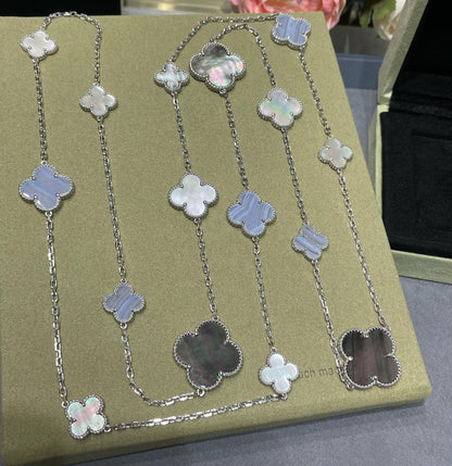 [LUCKY LOVE]CLOVER 16 MOTIF CHALCEDONY MOP SILVER NECKLACE