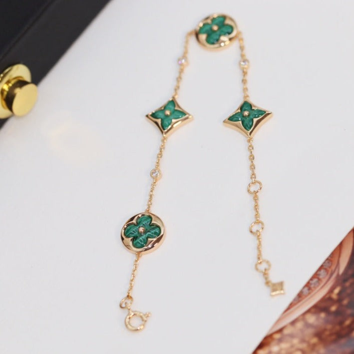 [LUCKY LOVE]STAR AND SUN 4 MOTIF PINK GOLD MALACHITE BRACELET