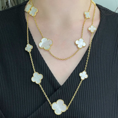 [LUCKY LOVE]CLOVER 16 MOTIF WHITE MOP GOLD NECKLACE