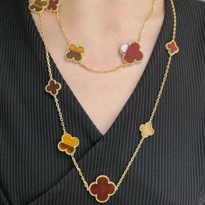 [LUCKY LOVE]CLOVER 16 MOTIF CARNELIAN TIGER EYE ROSE GOLD NECKLACE