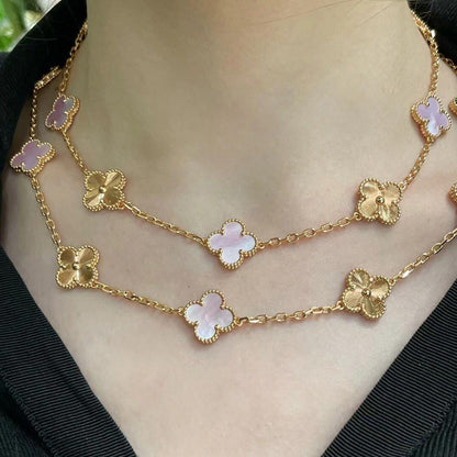 [LUCKY LOVE]CLOVER 20 MOTIFS LASER PINK MOP NECKLACE