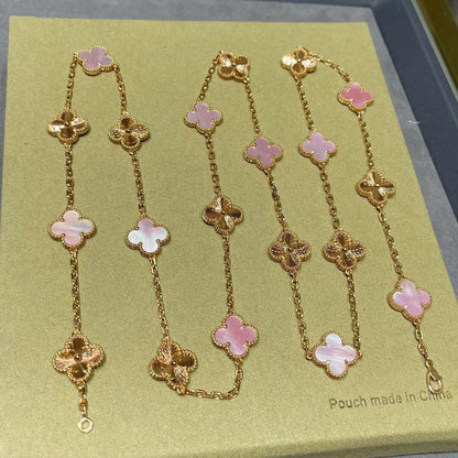 [LUCKY LOVE]CLOVER 20 MOTIFS LASER PINK MOP NECKLACE