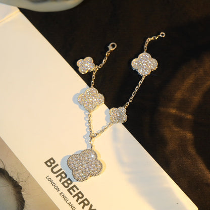 [LUCKY LOVE]CLOVER BRACELET 5 MOTIF SILVER DIAMOND PAVED