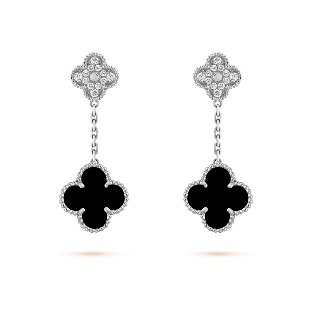 [LUCKY LOVE]CLOVER 2 MOTIFS  DIAMOND ONYX EARRINGS SILVER