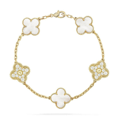 [LUCKY LOVE]CLOVER WHITE PEARL MOP 5 MOTIF BRACELET COLLECTION