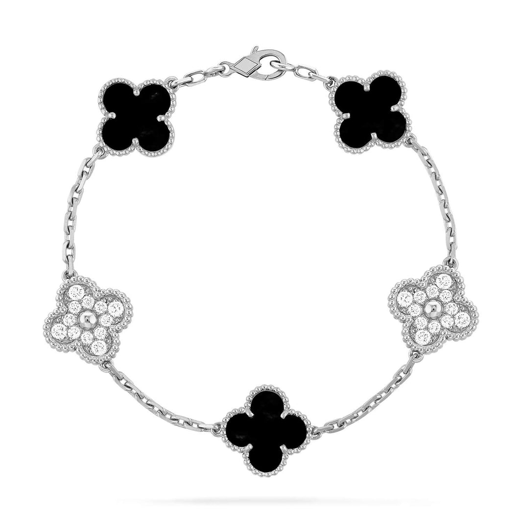 [LUCKY LOVE]CLOVER 5 MOTIF ONYXS DIAMOND BRACELET SILVER