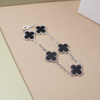 [LUCKY LOVE]CLOVER 5 MOTIF ONYXS  BRACELET SILVER