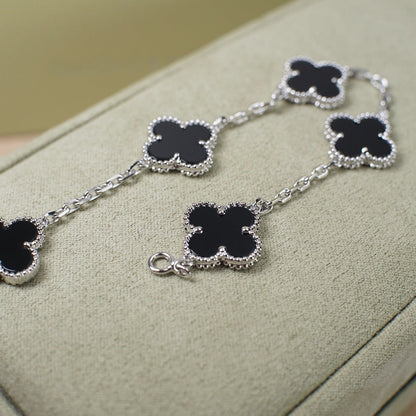 [LUCKY LOVE]CLOVER 5 MOTIF ONYXS  BRACELET SILVER