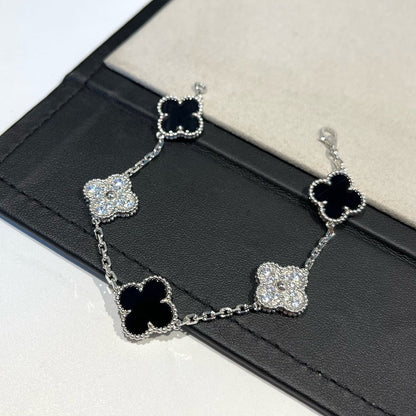 [LUCKY LOVE]CLOVER 5 MOTIF ONYXS DIAMOND BRACELET SILVER