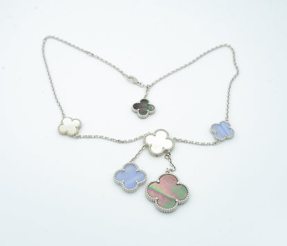 [LUCKY LOVE]CLOVER MOP CHALCEDONY NECKLACE SILVER 6 MOTIF