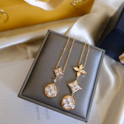 [LUCKY LOVE]COLOR BLOSSOM LARIAT NECKLACE PINK GOLD WHITE MOTHER PEARL AND DIAMOND