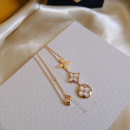 [LUCKY LOVE]COLOR BLOSSOM LARIAT NECKLACE PINK GOLD WHITE MOTHER PEARL AND DIAMOND