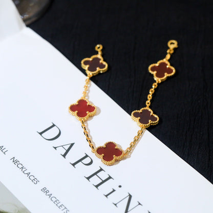 [LUCKY LOVE]CLOVER 5 MOTIFS RED AGATE  BRACELET
