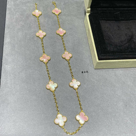 [LUCKY LOVE]CLOVER 10 MOTIFS PINK MOP NECKLACE