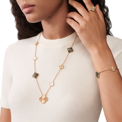 [LUCKY LOVE]DETACHABLE CLOVER 15(11+4) FLOWER ROSE GOLD NECKLACE SET