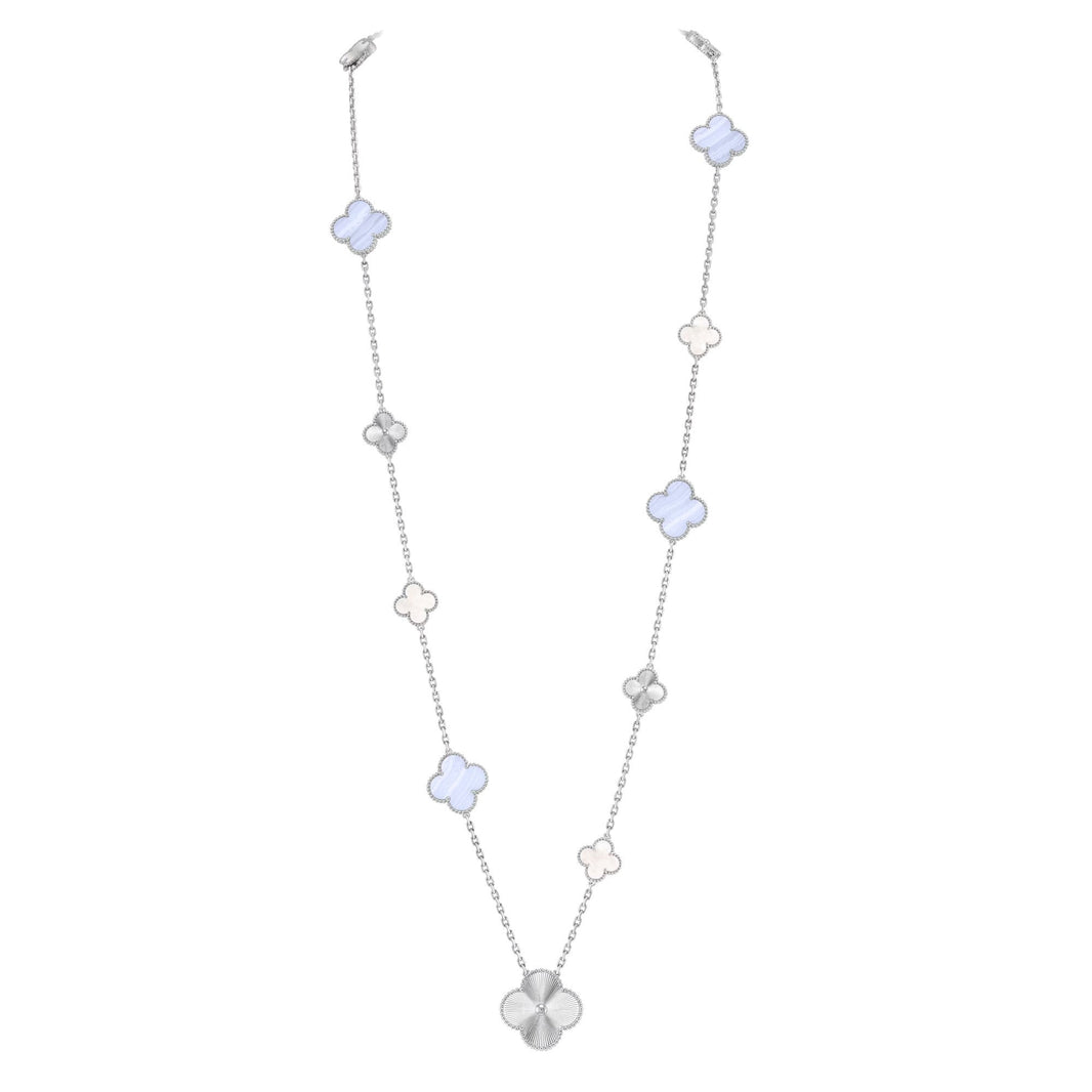 [LUCKY LOVE]DETACHABLE CLOVER 15(11+4) FLOWER SILVER NECKLACE SET