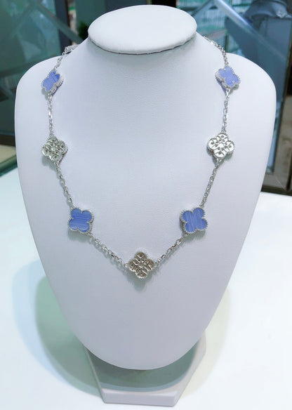 [LUCKY LOVE]CLOVER 10 MOTIFS CHALCEDONY DIAMONDS SILVER NECKLACE