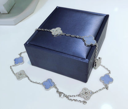 [LUCKY LOVE]CLOVER 10 MOTIFS CHALCEDONY DIAMONDS SILVER NECKLACE