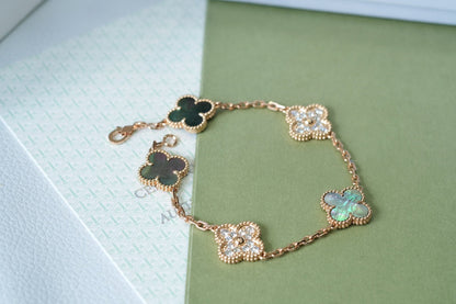 [LUCKY LOVE]CLOVER 5 MOTIFS DARK MOP AND DIAMONDS ROSE GOLD BRACELET