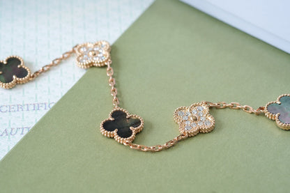 [LUCKY LOVE]CLOVER 5 MOTIFS DARK MOP AND DIAMONDS ROSE GOLD BRACELET